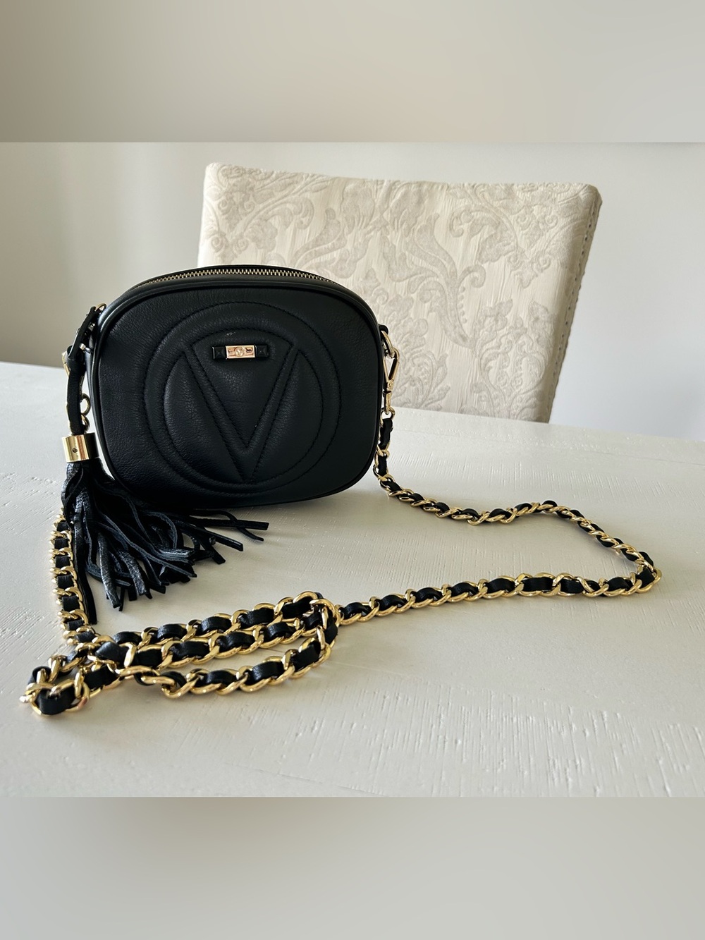 Valentino Black Leather Crossbody Bag with Gold Chain and Tassel